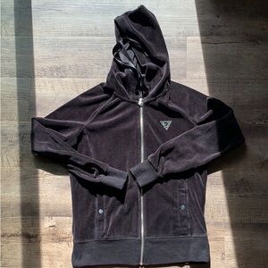 Guess black velour zip up hoodie sweatshirt M